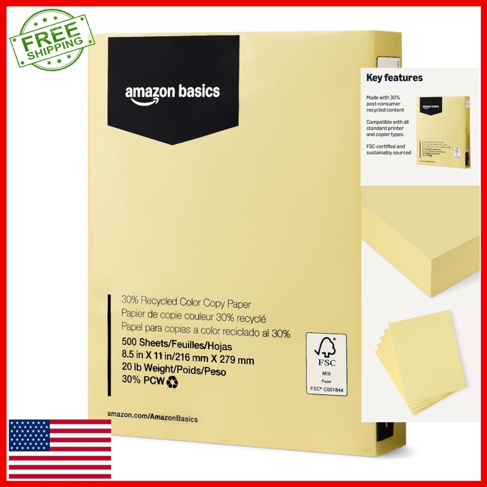 Amazon Basics 30% Recycled Color Copy Paper, 8.5″ x 11″, Pastel Canary