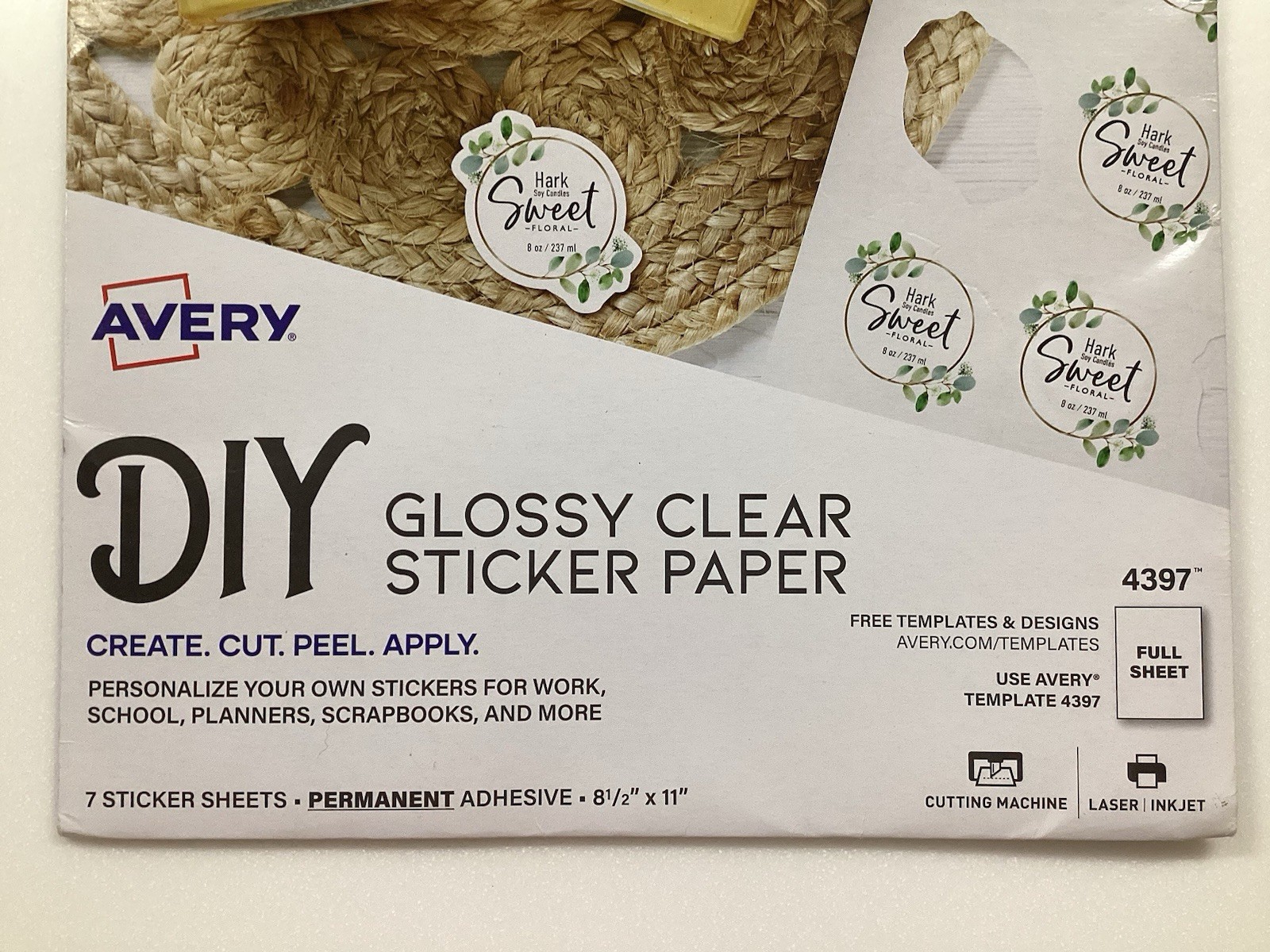 Avery DIY Glossy Clear Sticker Paper #4397 8 1/2” x11” 7 Sheets Laser/Inkjet