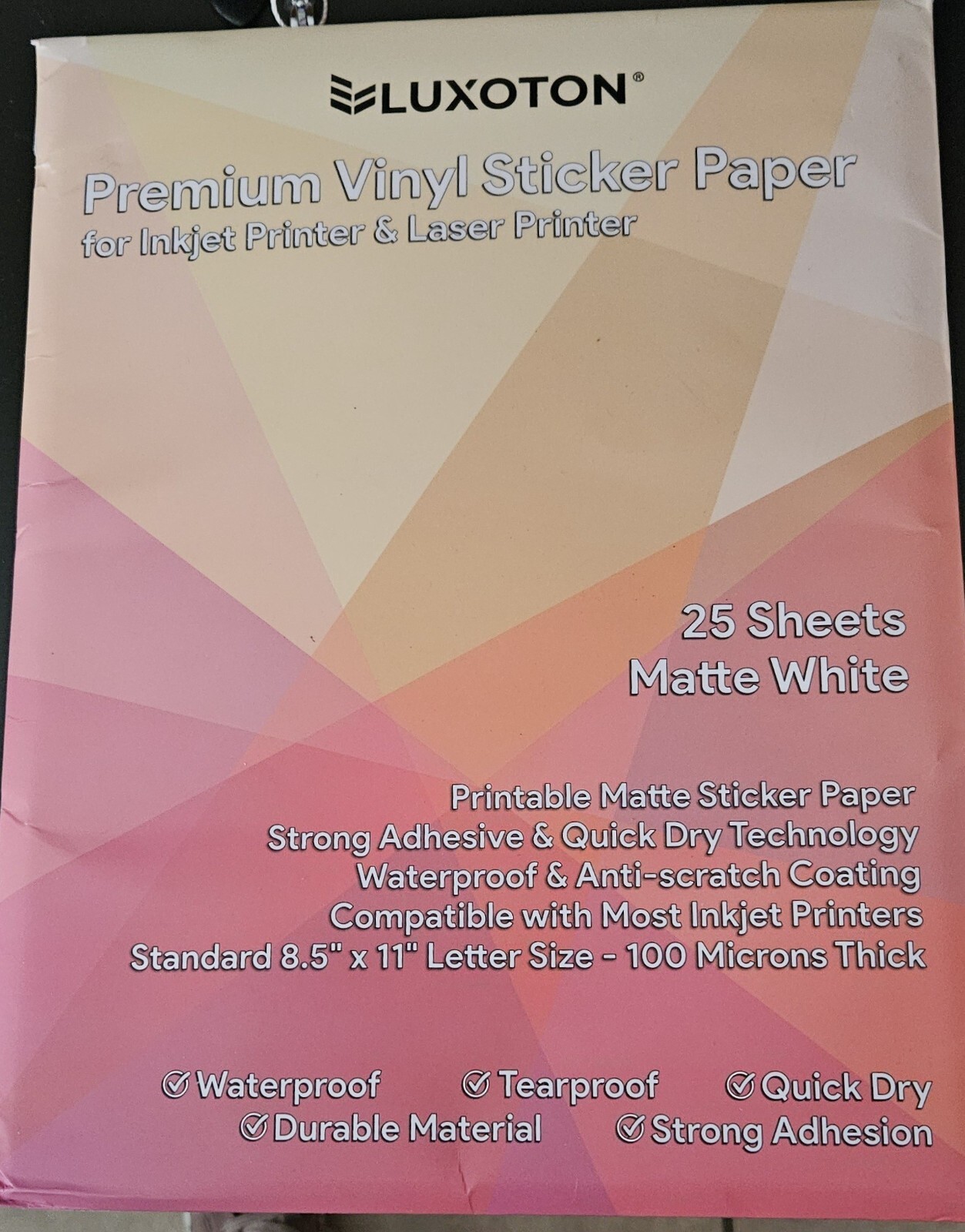 Luxoton Premium Vinyl Sticker Paper = Inkjet Printer 25 Matte Sheets 8.5 x 11