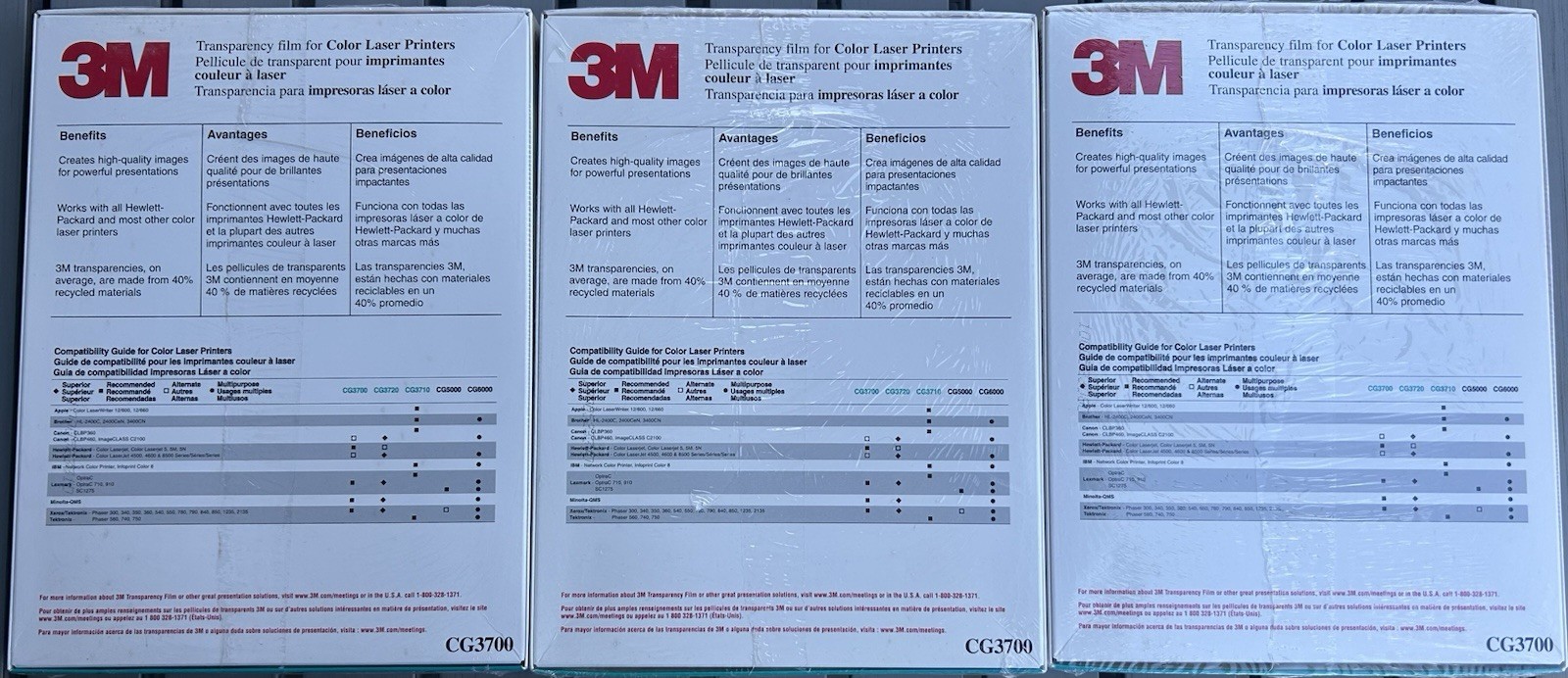 Lot Of (3) 3M CG3700 Transparency Film For Color Laser Printers 50 Count Sealed