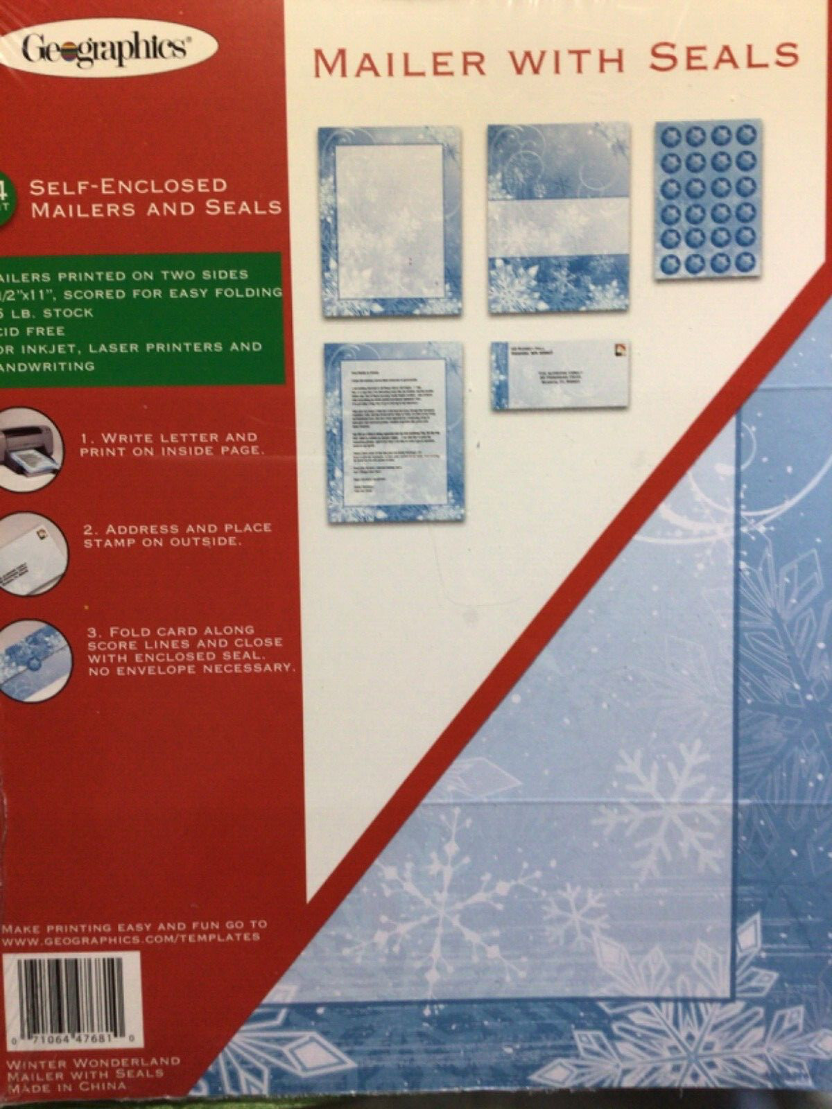 Holiday Stationary Geographics Mailer with Seals 8-1/2″ x 11″ SNOWFLAKES 24 set