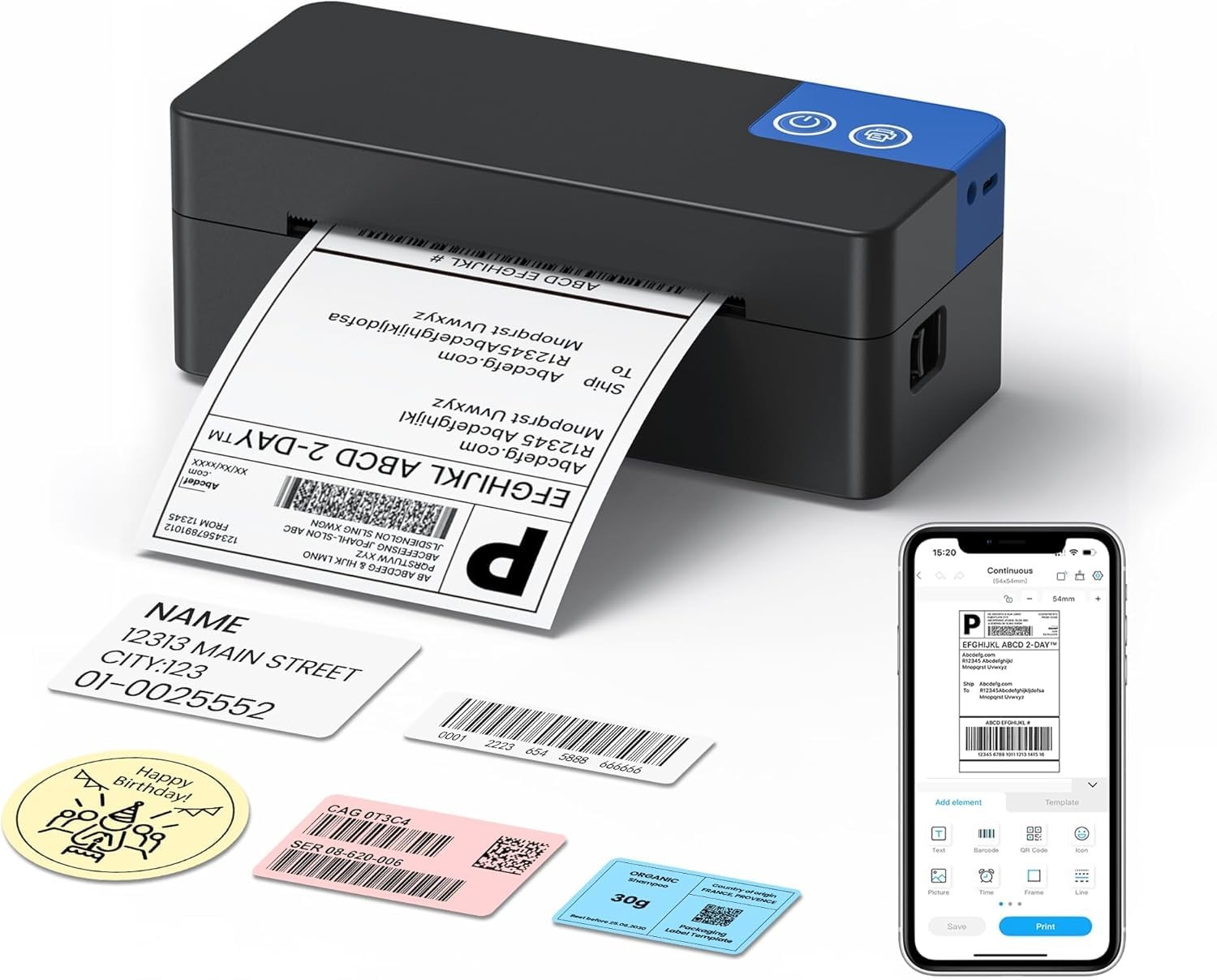 ETIKEZ Bluetooth Thermal Shipping Label Printer, 4×6 160*109*30mm, black
