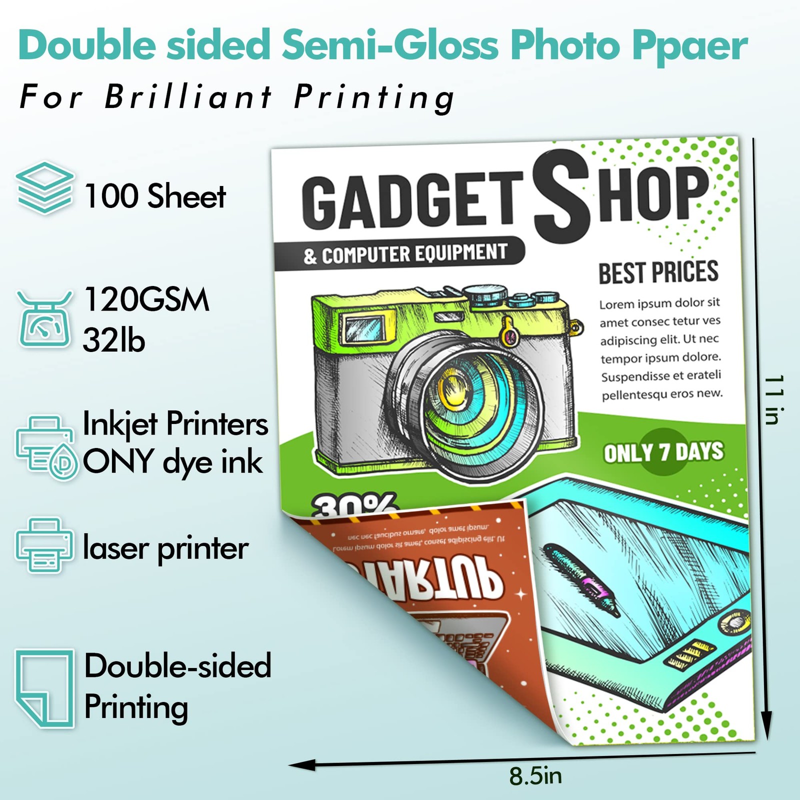100 PCS Koala Thin Double Sided SemiGloss Photo Paper 8.5×11 Inch 32lb Ink