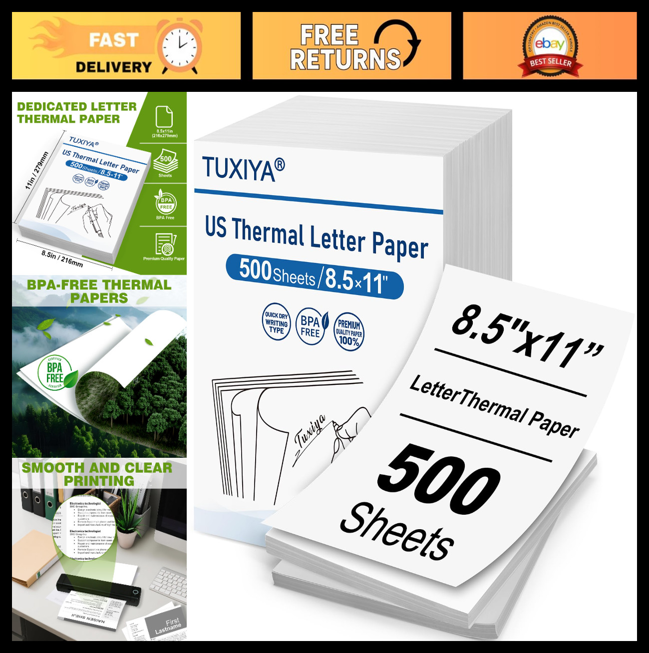 500 Sheets Thermal Printer Paper 8.5×11″ BPA-Free, US Letter Size, Compatible wi