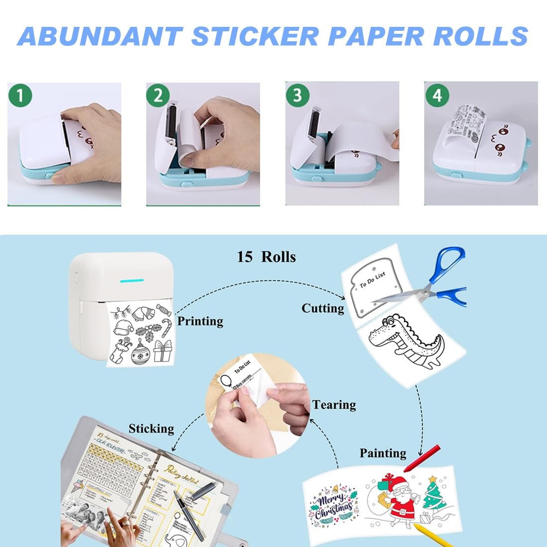 Mini Printer Sticker Paper, 57mm x 3m, 10 Rolls, 3000 Sheets, White, Smooth, …