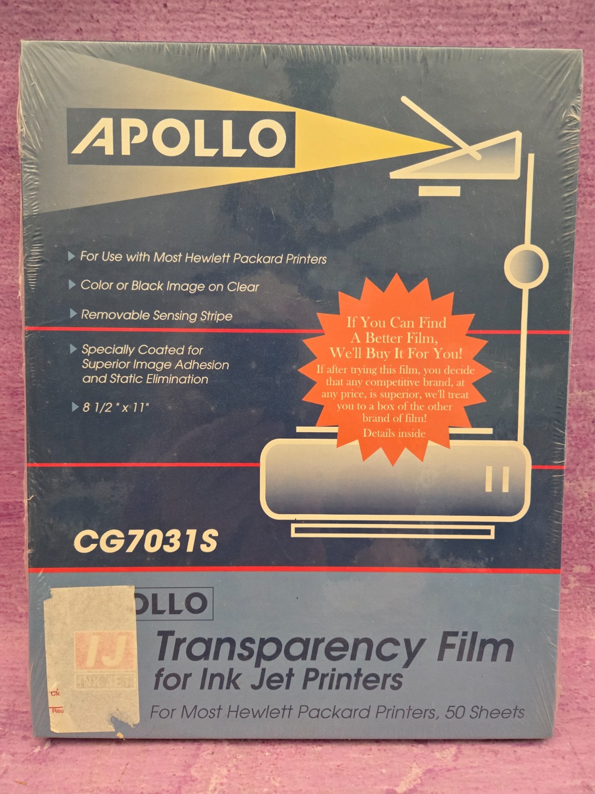 Apollo Ink Jet Transparency Film CG7031S for HP Printers 100 Sheets 8.5×11 Clear