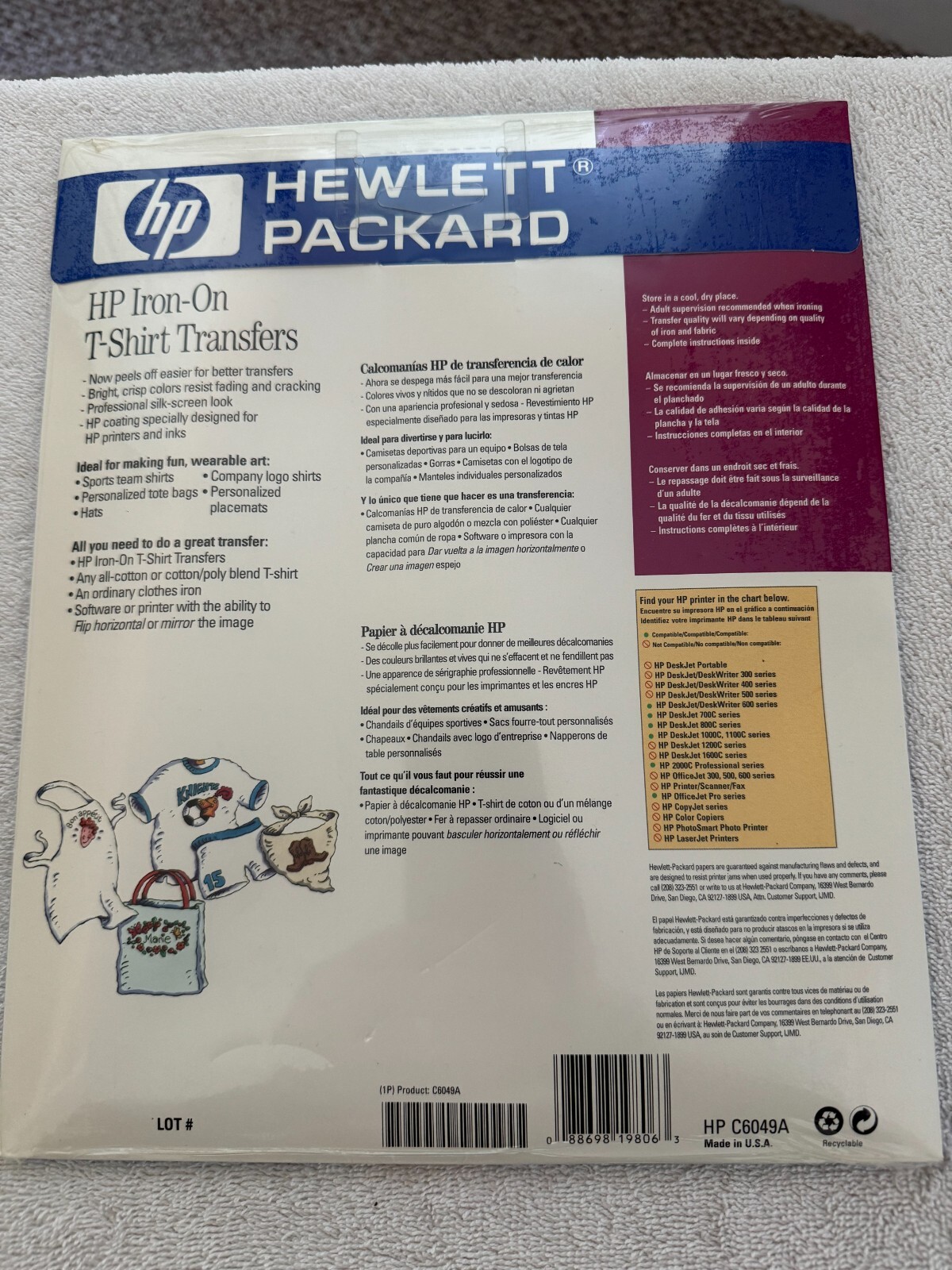 Hewlett Packard C6049A Iron-On T-Shirt Transfers – 10 sheets 8.5 x 11 – NIP