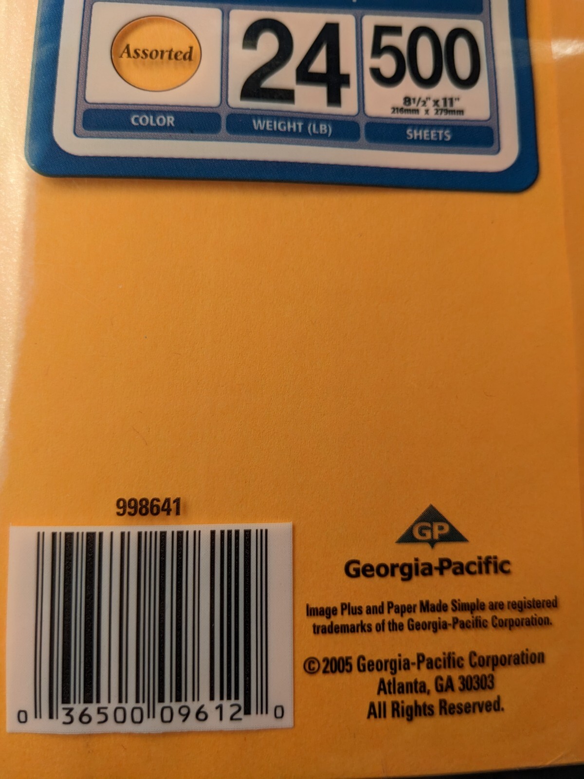 Brights Colored Paper, 8-1/2 x 11, Assortment, 500 Sheets 24 Lb Georgia Pacific