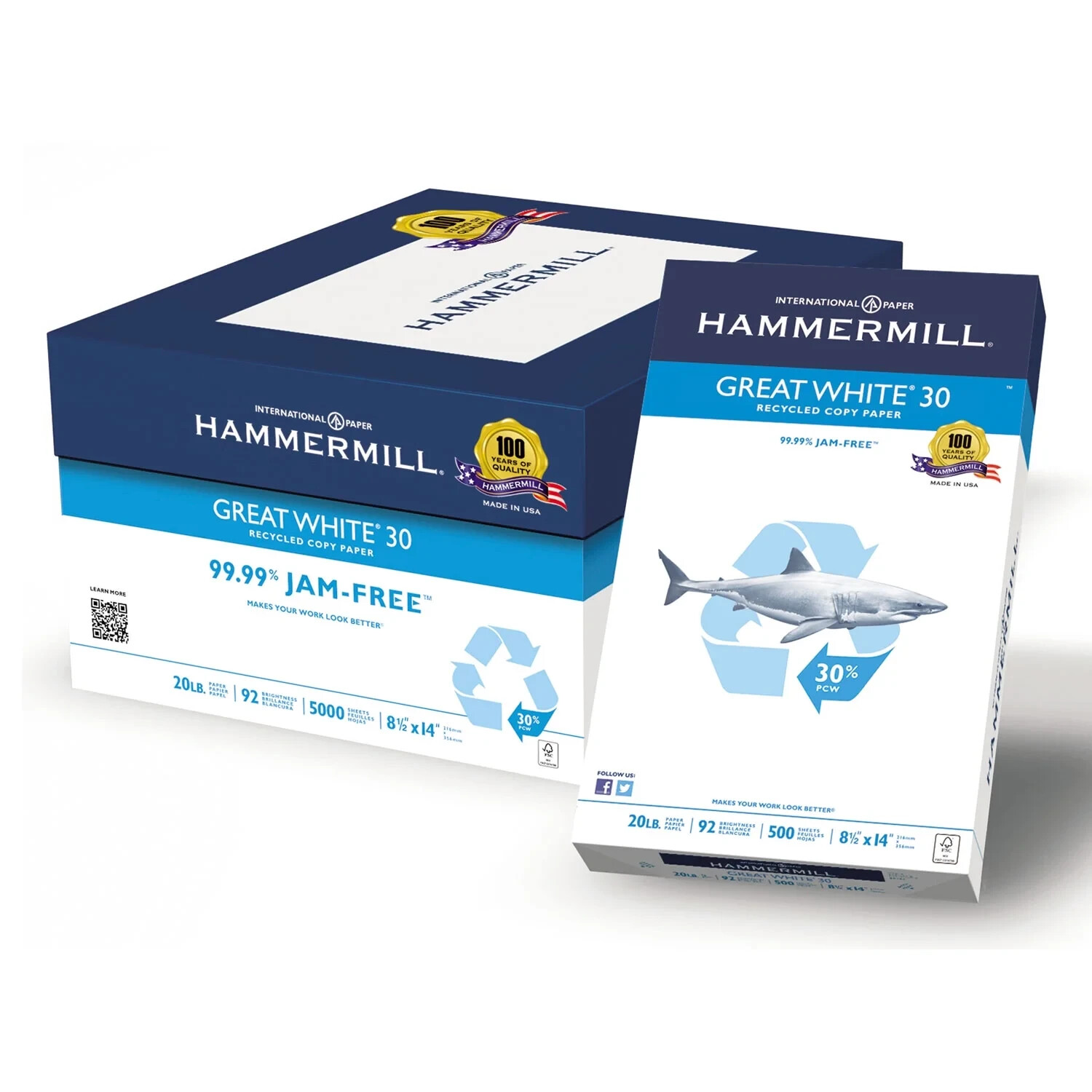 Hammermill Great White Recycled Copy Paper 92 Brightness 20lb 8-1/2 x 14 5 Reams
