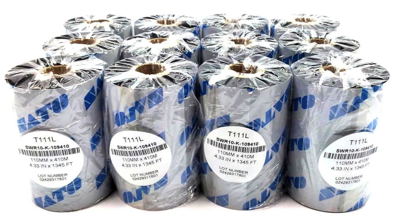 Sato T111L Ribbons 4.3″ x 1345″ Wax Resin SWR10-K-109410 Genuine OEM – 12 Rolls