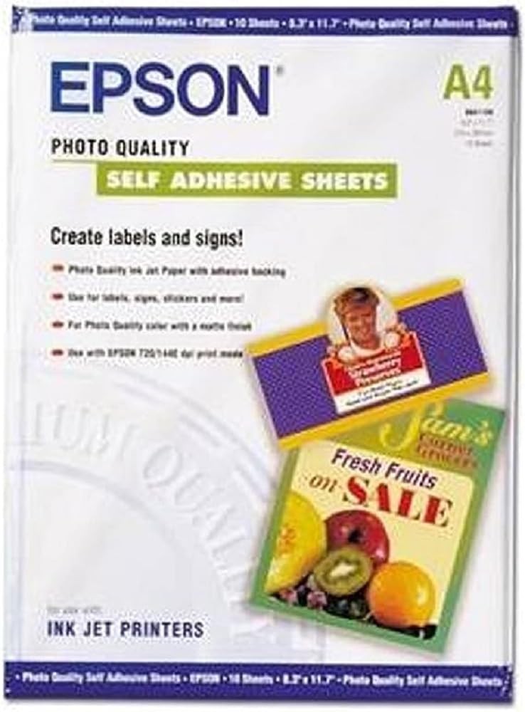 Epson Photo Quality Self Adhesive Sheets 8.3 x 11.7 10 Sheets for Labels
