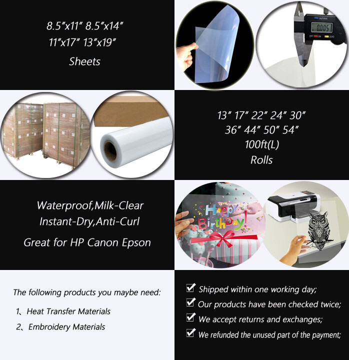 13″x100ft，4 rolls，Waterproof Inkjet Milky Transparency Screen Printing Film