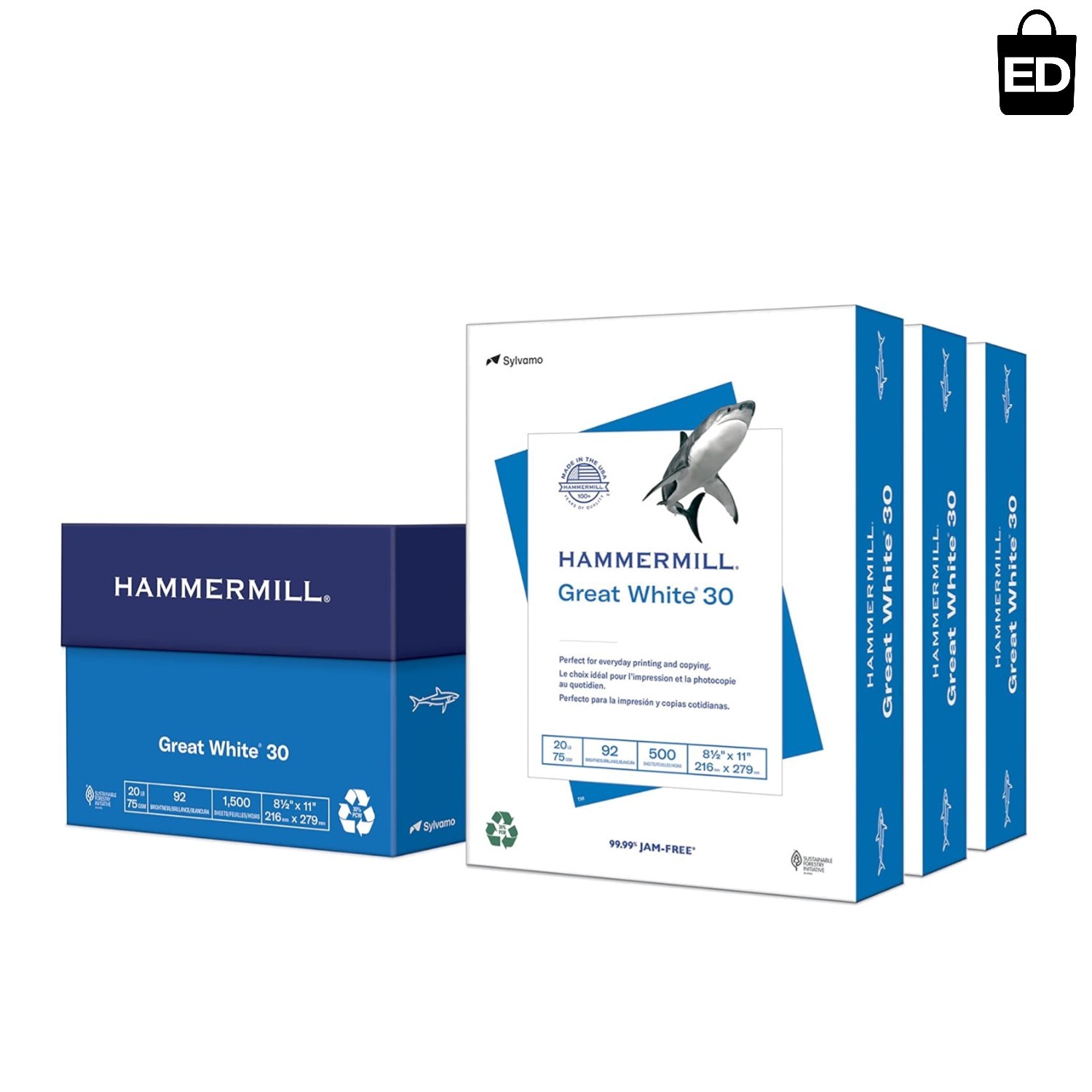 Great White Jam-Free 30% Recycled Paper – 8.5×11, 1500 Sheets, Office & Home Use