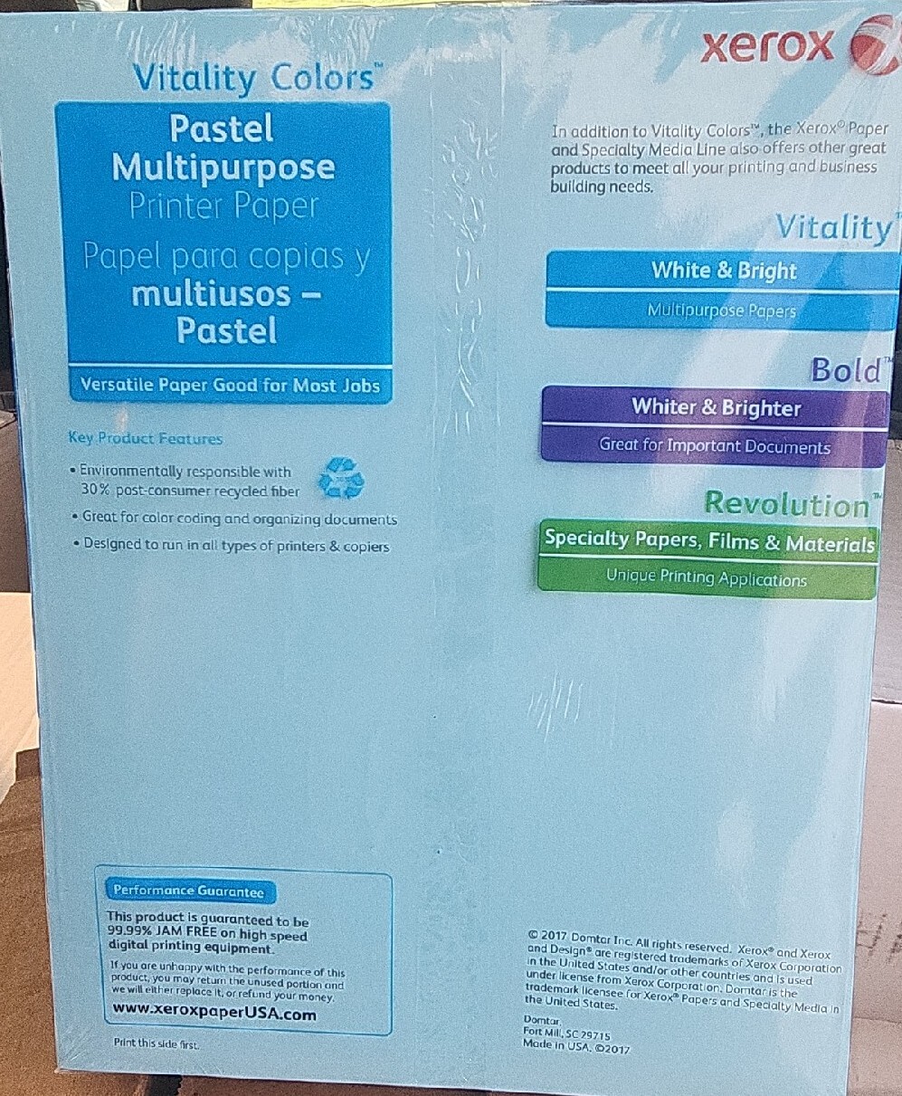 Xerox Multipurpose Pastel Paper, 20-lb, Letter, Blue Color, 5000 Sheets 3R05856