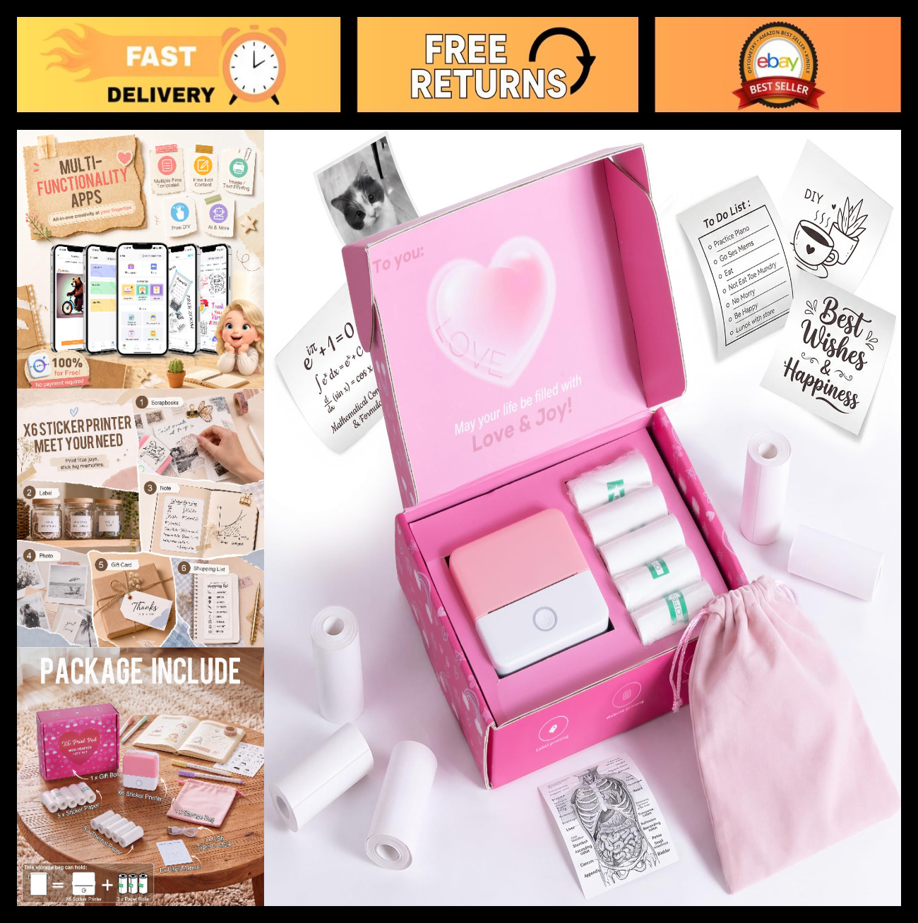 Mini Pocket Printer – Inkless Sticker Printer with 10 Thermal Rolls, DIY Gift Se