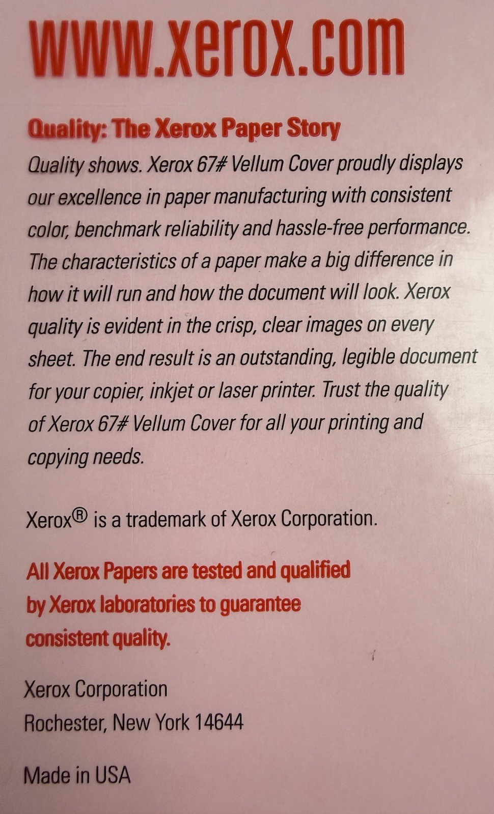 Xerox 67# Vellum Cover Pink Heavy Weight Paper 250 Sheets 8 1/2″ × 11″