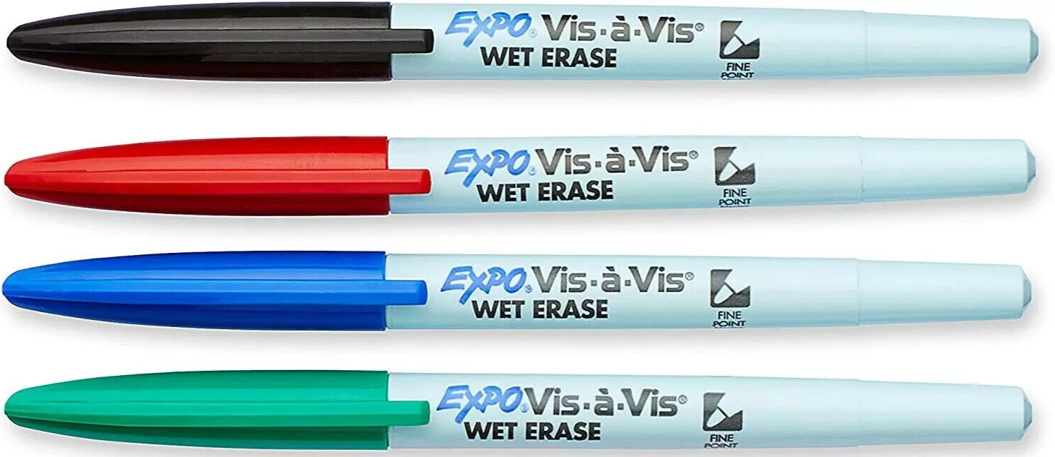 Expo Vis-a-Vis Wet Erase Markers, Fine Bullet Tip, Assorted Colors, 4-Count