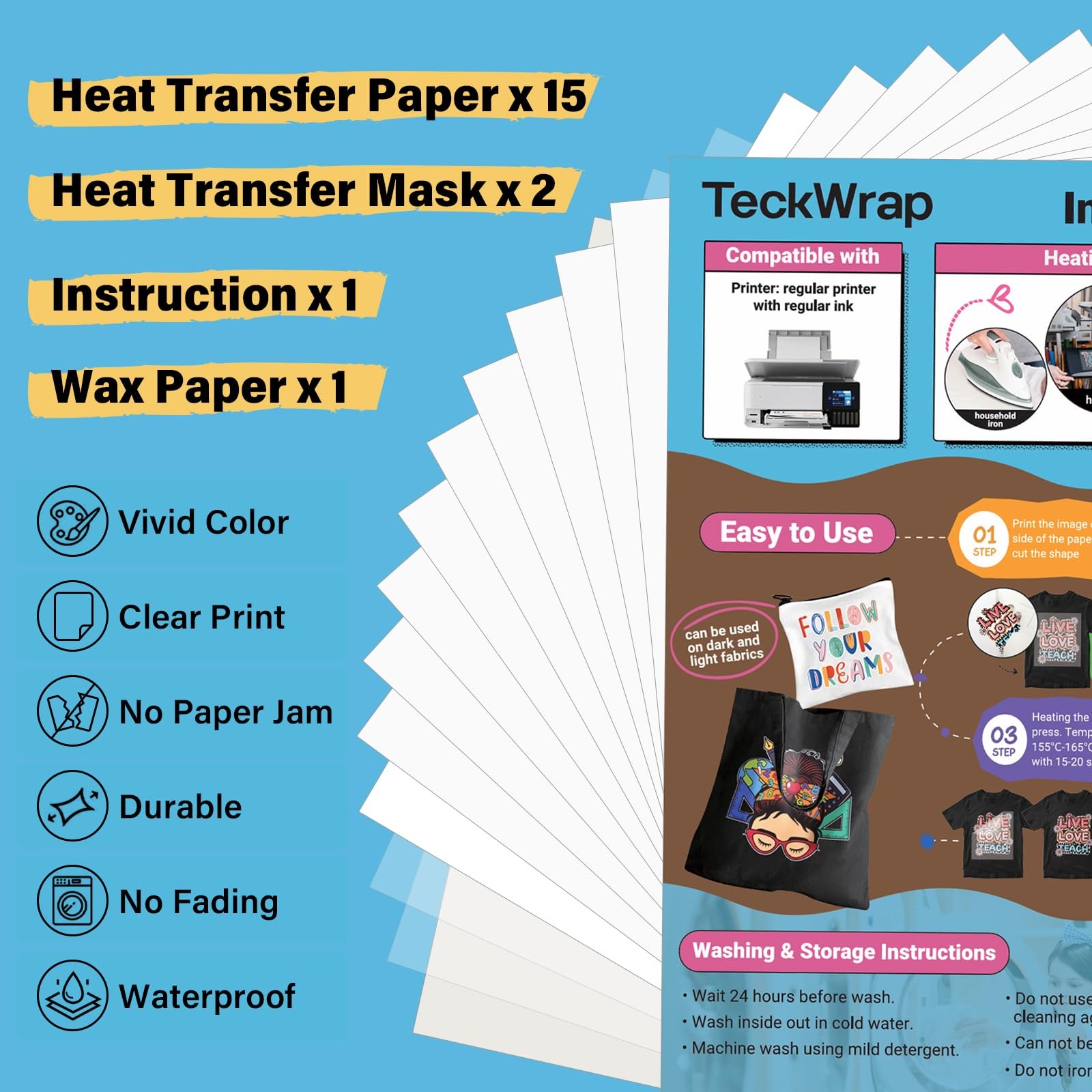 Heat Transfer Paper for T-Shirts 15 Sheets 8.3″ x 11.7″ Inkjet Compatible