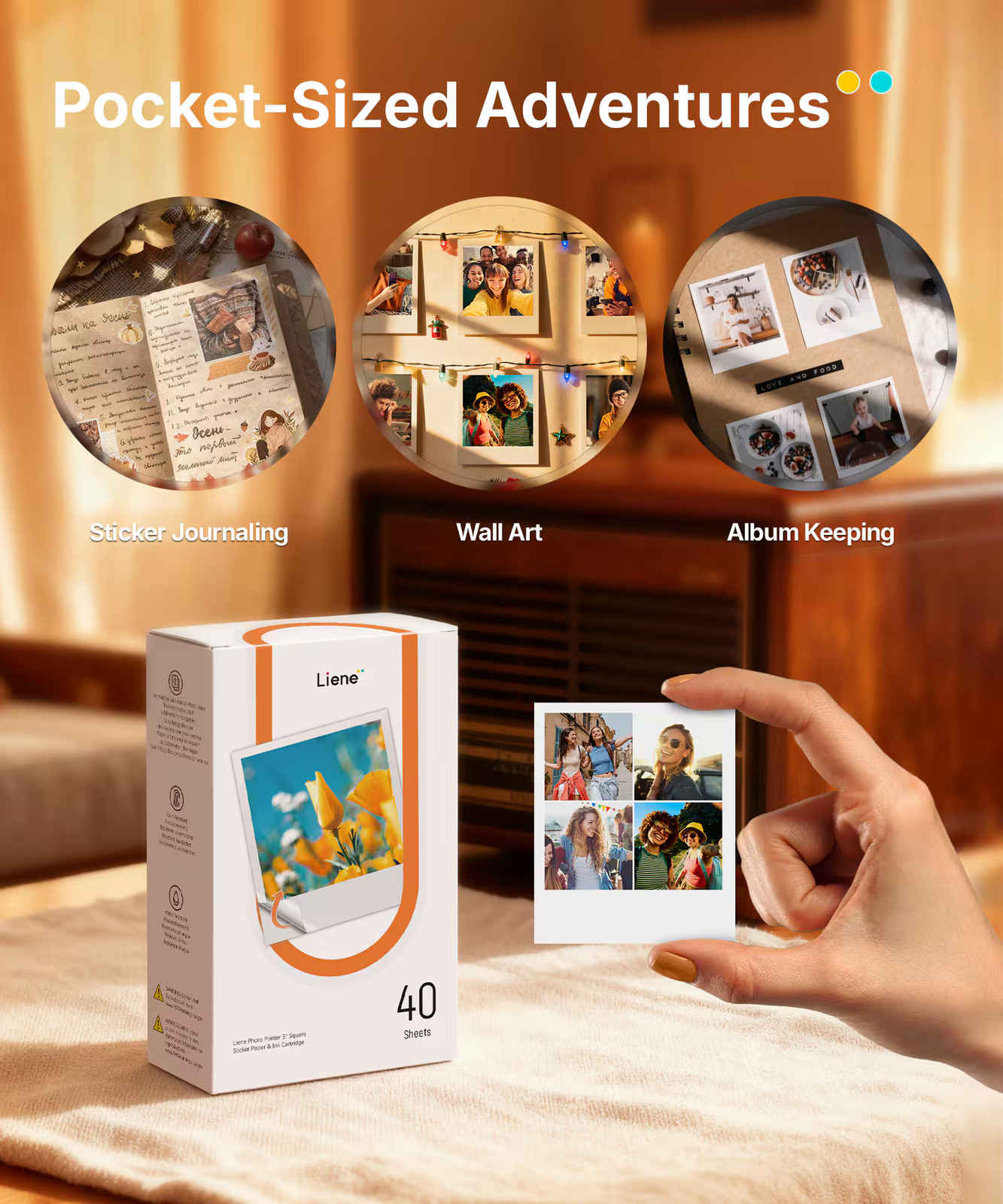 Liene – Amber 3×3 Square Sticky Photo Paper Refill (40 sheets & 1 Ink Cartridge)