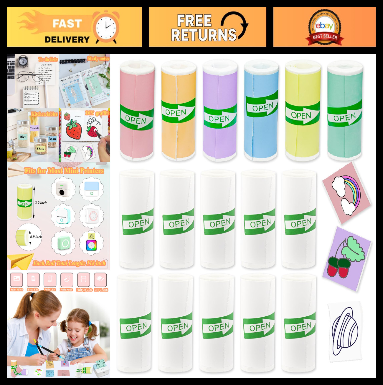 16 Rolls Self-Adhesive Mini Printer Sticker Paper – 10 White & 6 Colorful Labels