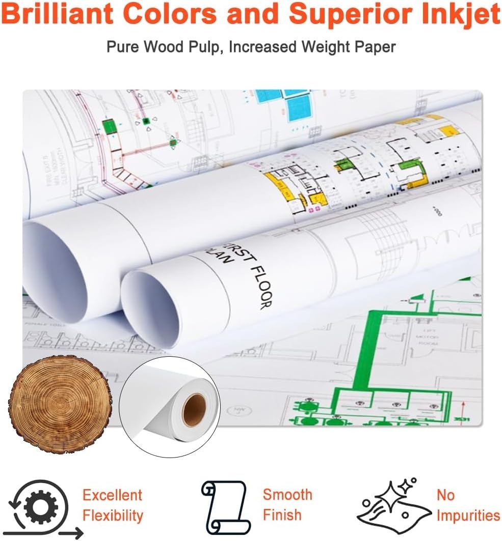 4 Rolls 36″ x 150′ 20lb Bond Plotter Paper for Wide Format Inkjet Printers US
