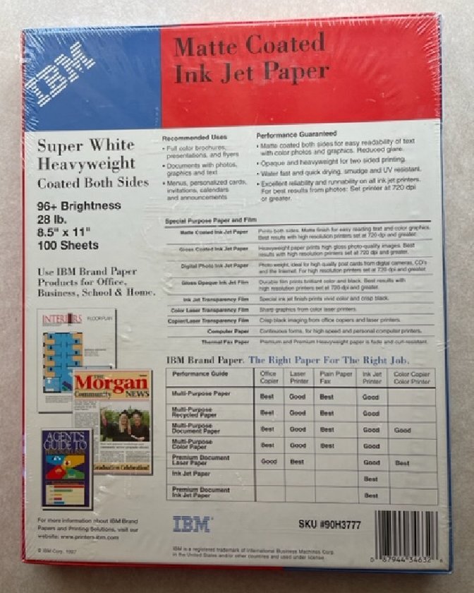 IBM 100Sheet SuperHeavyWeight MatteCoated 28lb Inkjet Paper Bright 8.5×11
