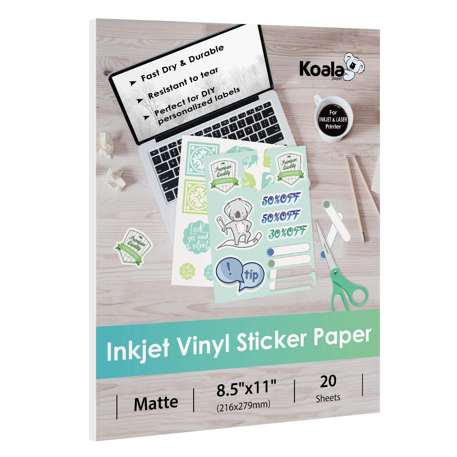 Printable Vinyl Sticker Paper for Inkjet Printer – 20 Sheets Matte White Viny…