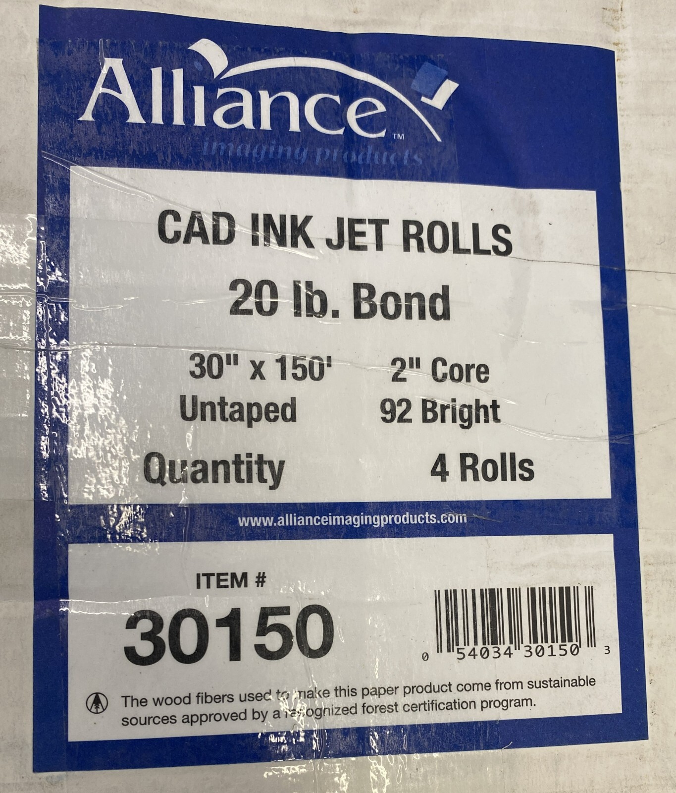 ALLIANCE CAD BOND ROLLS, 30″ X 150′ WITH 2″ CORE, 20LB, 92-96 BRIGHT 4 ROLLS NEW