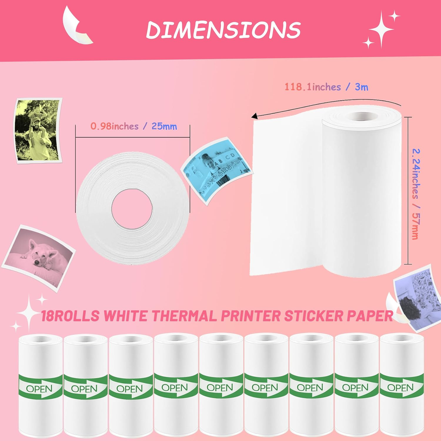 18 Rolls Mini Thermal Printer Sticker Paper, 57x25mm, High-Contrast Sticker Pape