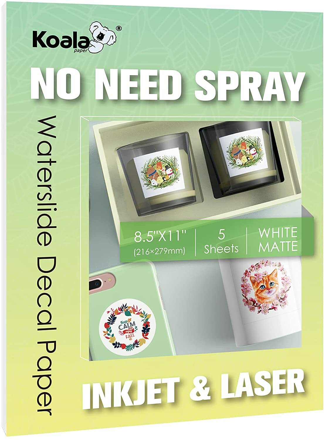 NO NEED SPRAY Koala Waterslide Decal Paper Matte White for INKJET + LASER 8.5×11