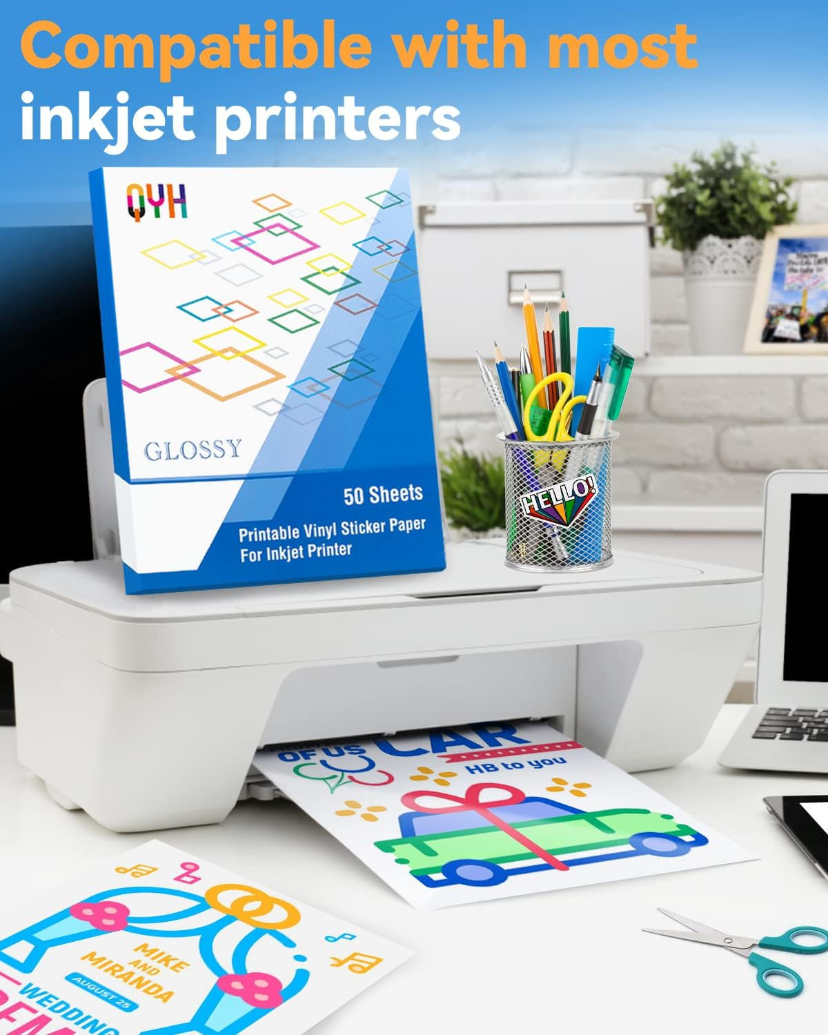 QYH Printable Vinyl for Inkjet Printer Glossy 50 Sheets Sticker Paper Waterproof