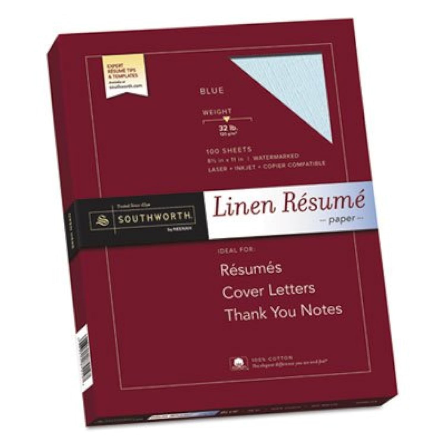 Blue Cotton Linen Resume Paper 100% Made in USA 32 lbs 8.5 x 11 100 Sheets