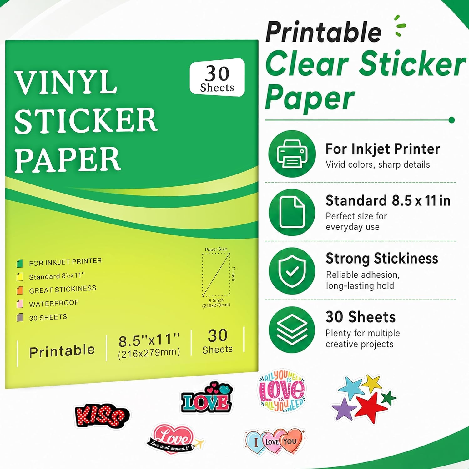 30 Sheets Clear Sticker Paper Printable Vinyl for Inkjet Printer Labels Craft