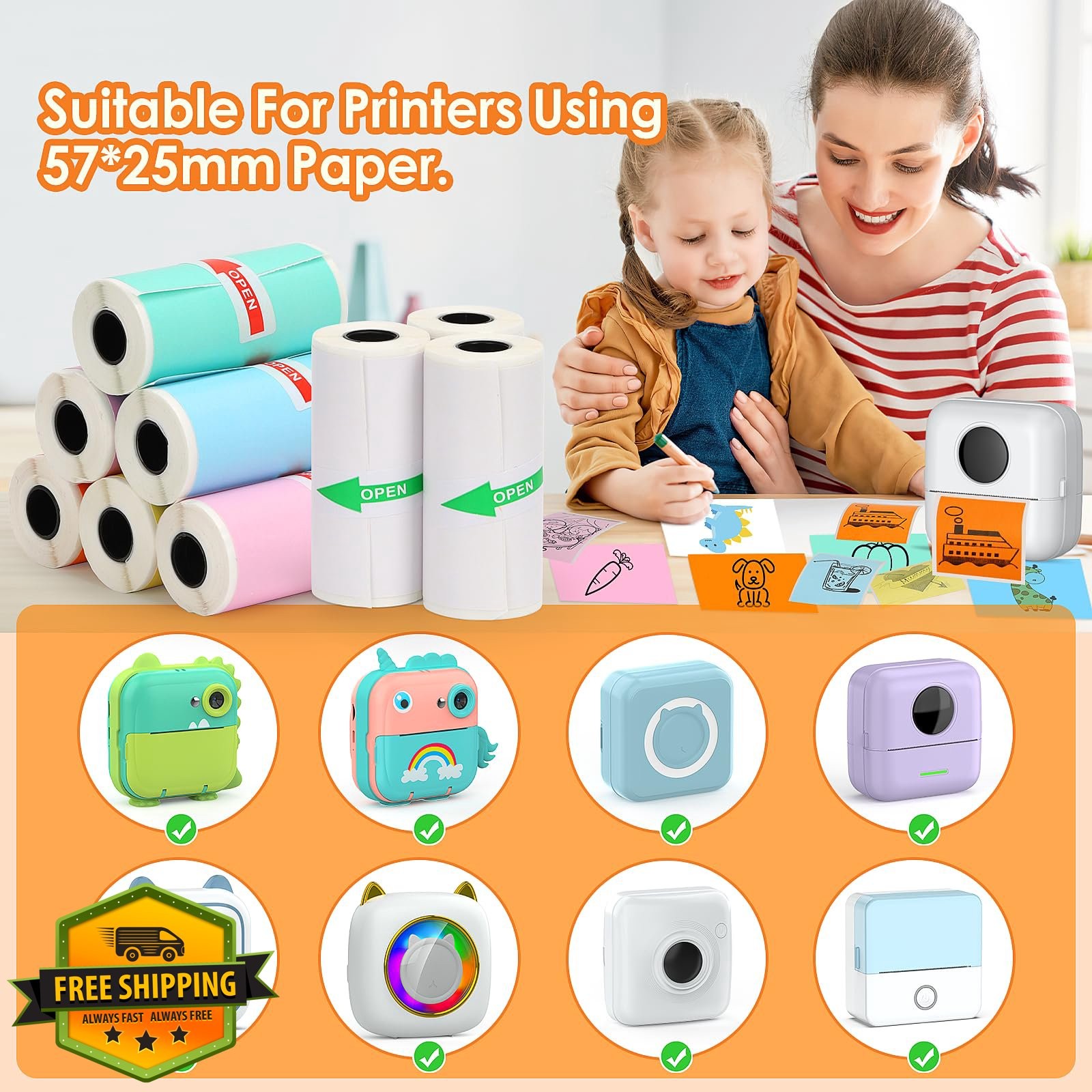 HuiJuKeJi 9 Rolls mini printer paper 57x25mm white/colored