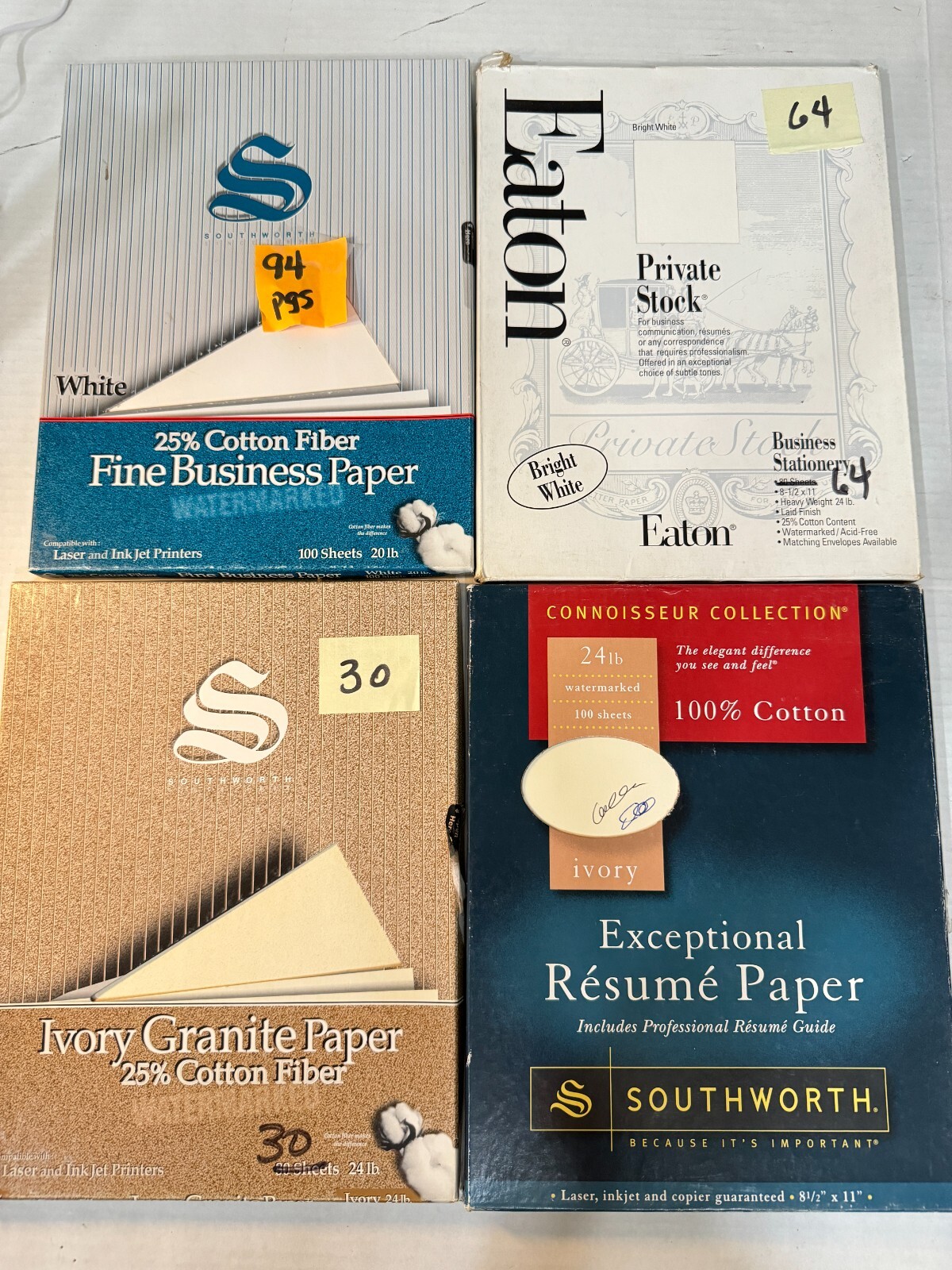 Résumé Paper Cotton Fiber, Granite Ivory & White Letter 8 1/2″ x 11″ LOT of 4