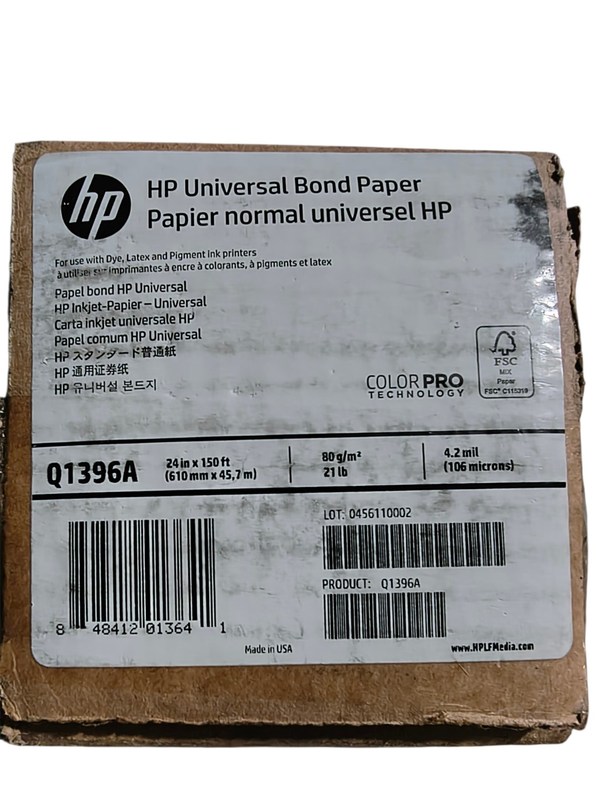 HP Q1396A Universal Bond Paper 24in x 150ft 80gsm Matte Wide Format Roll