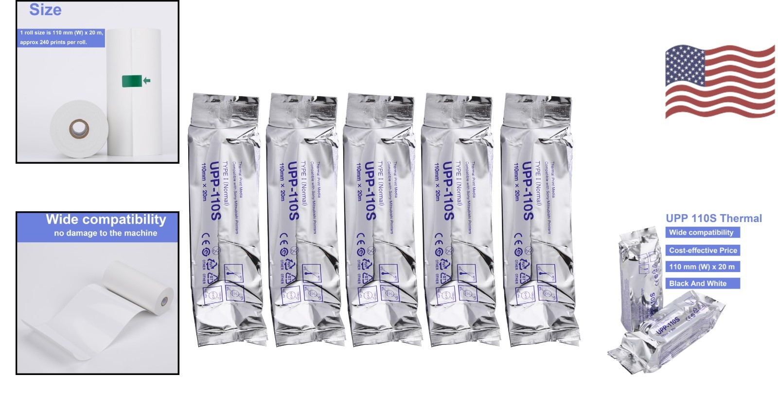 UPP-110S Ultrasound Paper – 5 Rolls, 110mm x 20m, Black & White Printing