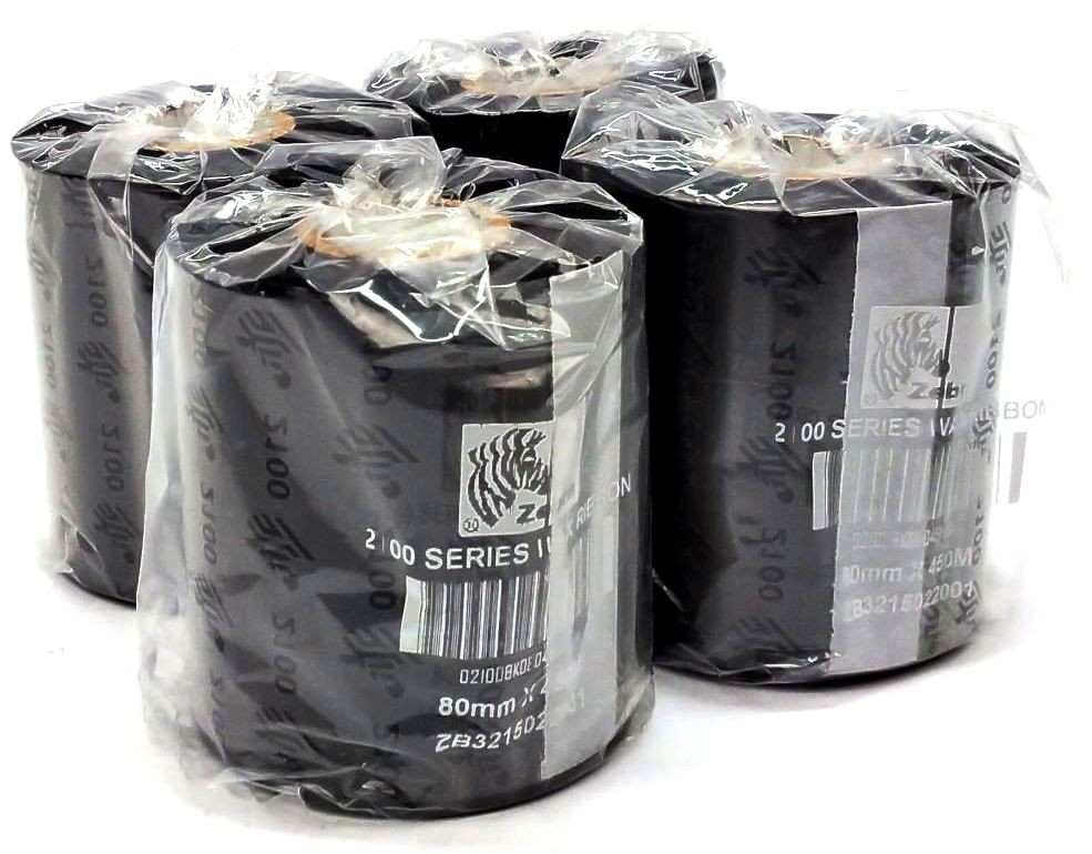 Zebra Wax Ribbons 80mm x 450m 2100 Series 02100BK08045 Black Genuine – 4 Rolls
