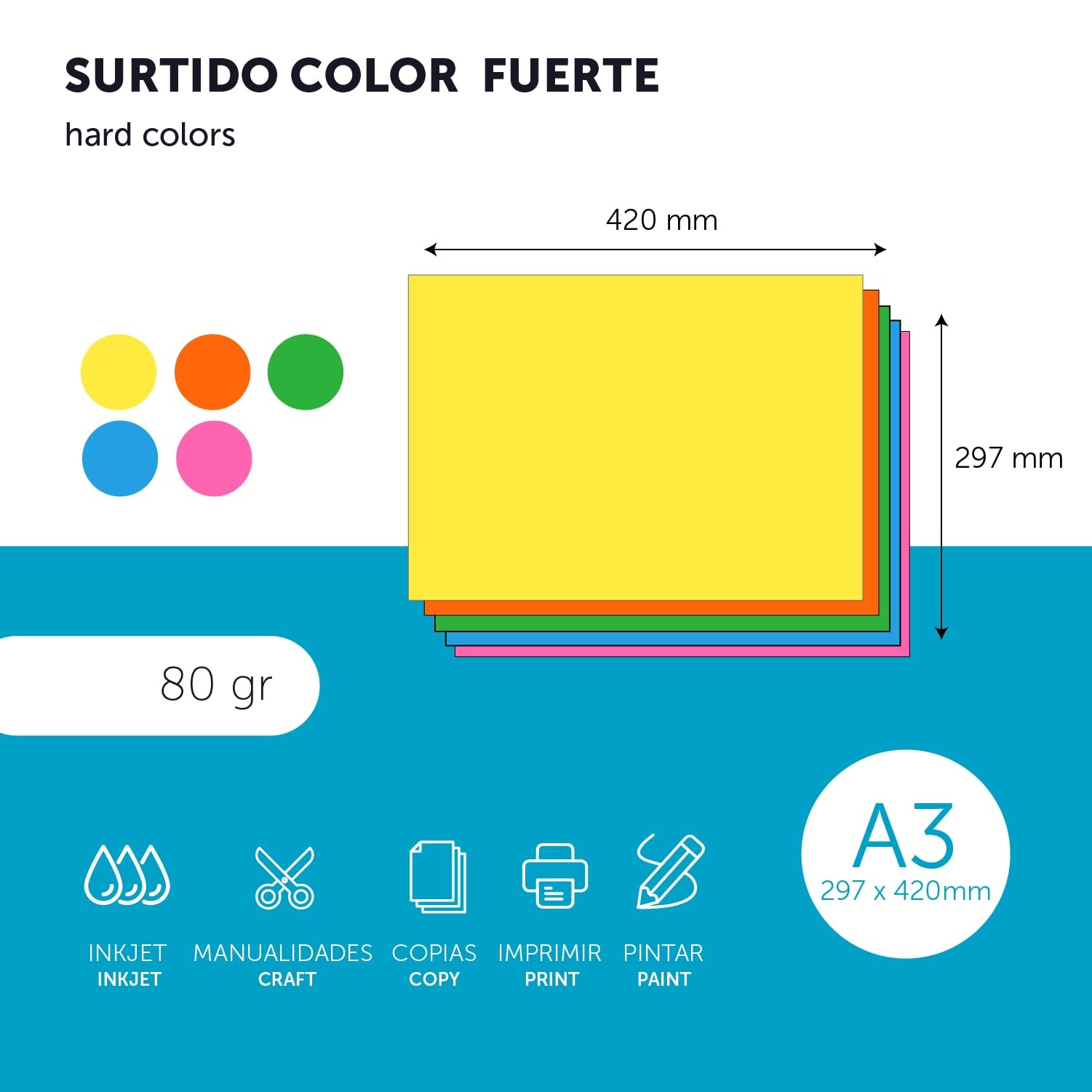 Colourful Paper A3 80g for Printers & Crafts, Coloured Sheets for Kids, Creat…