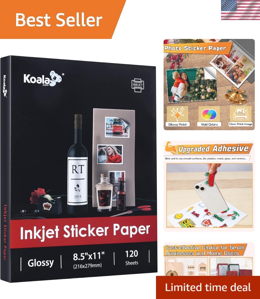 Koala Printable Glossy Sticker Paper for Inkjet Printer, White, 8.5×11 Inch S…