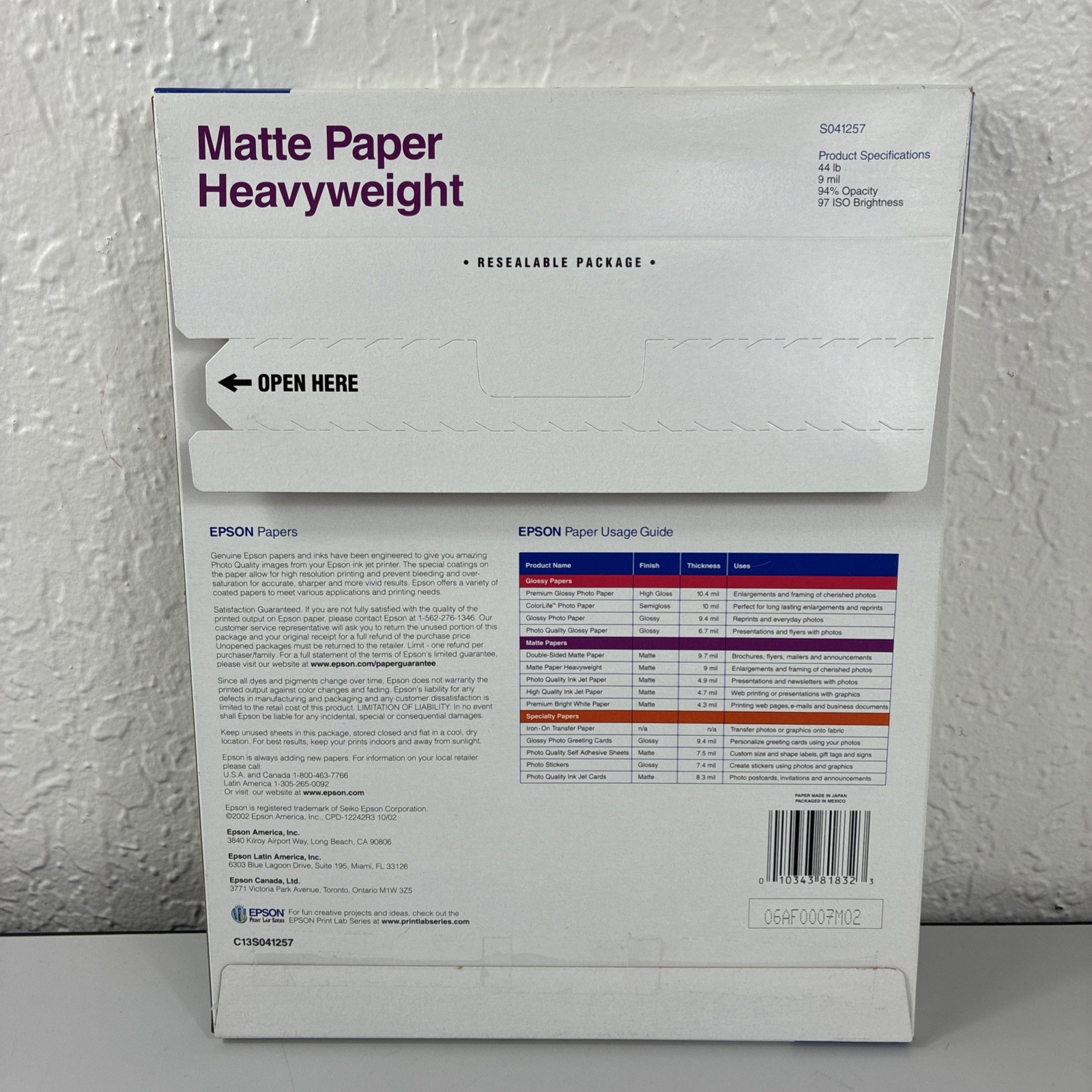 Epson S041257 Ink Jet Printer Matte Paper Heavyweight 50 Sheets Non-Glare Finish