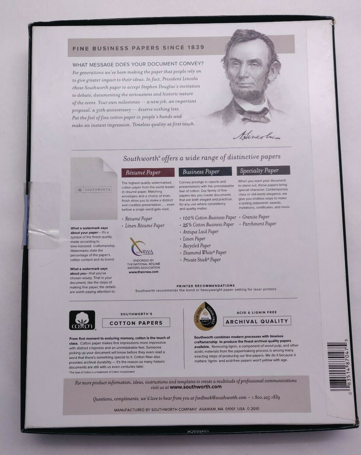 Southworth Linen Business Cover Stock – 50 Sheets – White 25% Cotton Rag 65lb