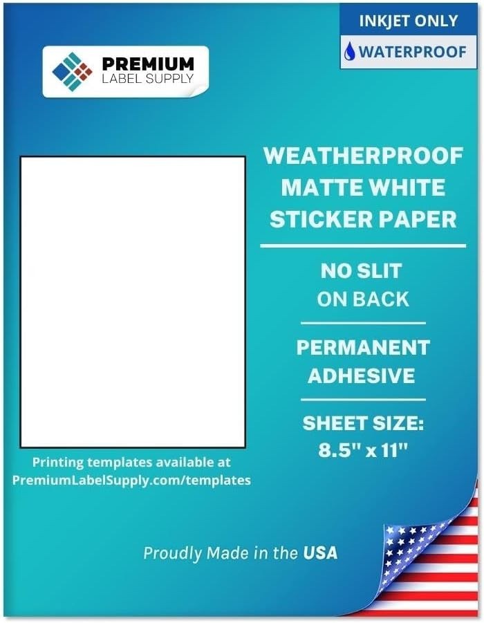 Durable Waterproof 8.5″ x 11″ Sticker Paper for Custom Inkjet Prints, 25 Count
