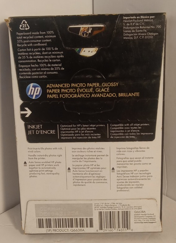 Hp Advanced Photo Paper Glossy Hewlett Packard (Q6638A) 4 x 6, 100 Sheets NEW!!!