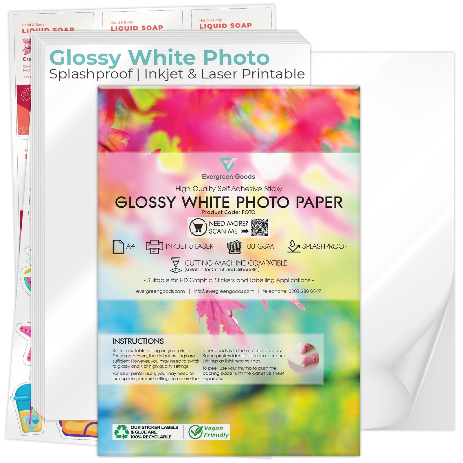 Evergreen Goods A4 Glossy Self Adhesive Photo Paper 20 Sheets, 200gsm, Wa…