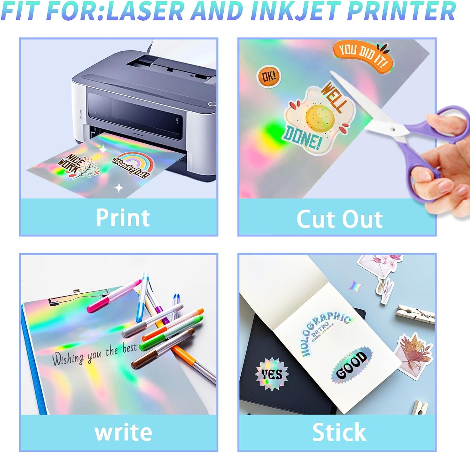 Printable Holographic Silver Sticker Paper, Laser & Inkjet Printable 8.5 x 11 In