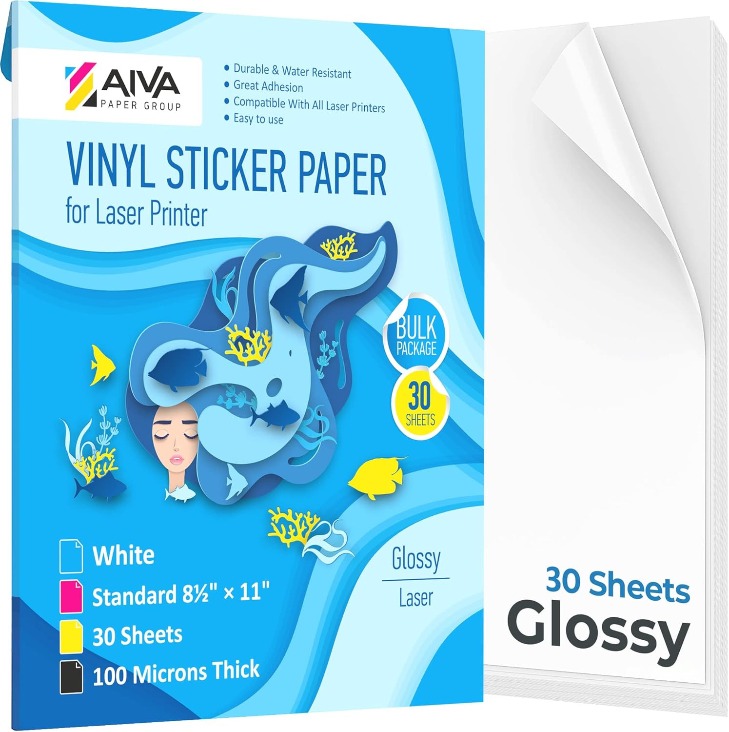 Glossy Printable Vinyl Sticker Paper 8.5×11 Inch Laser Printer 30 Sheets