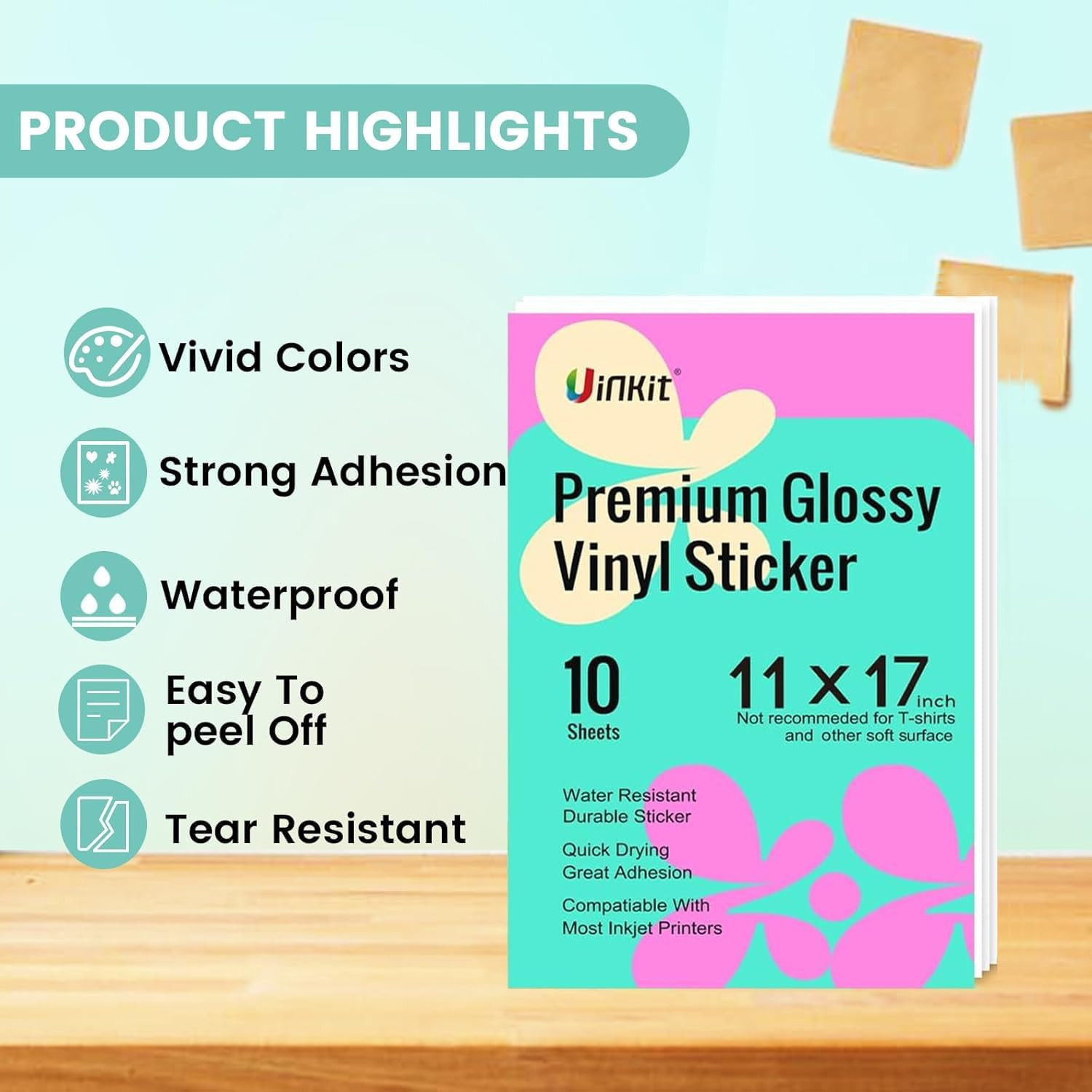 Uinkit 10 Sheets Premium Glossy Printable Vinyl Sticker Paper for Inkjet & Laser