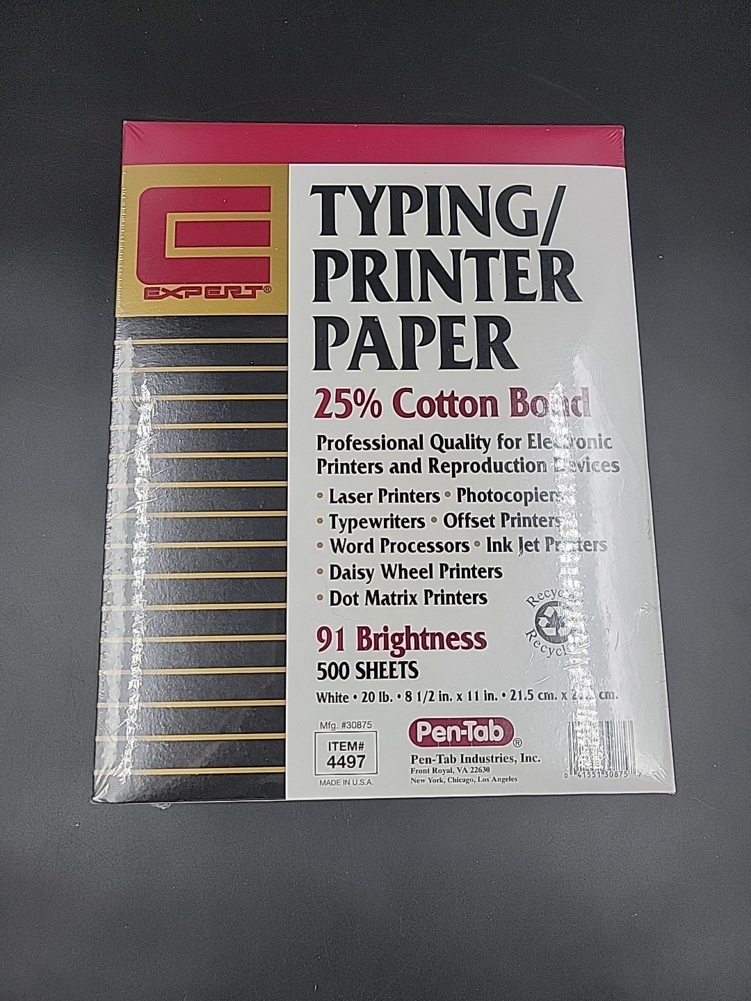 Pentab Expert Typing Printer Paper, 500 Sheets, 25% Cotton Bond