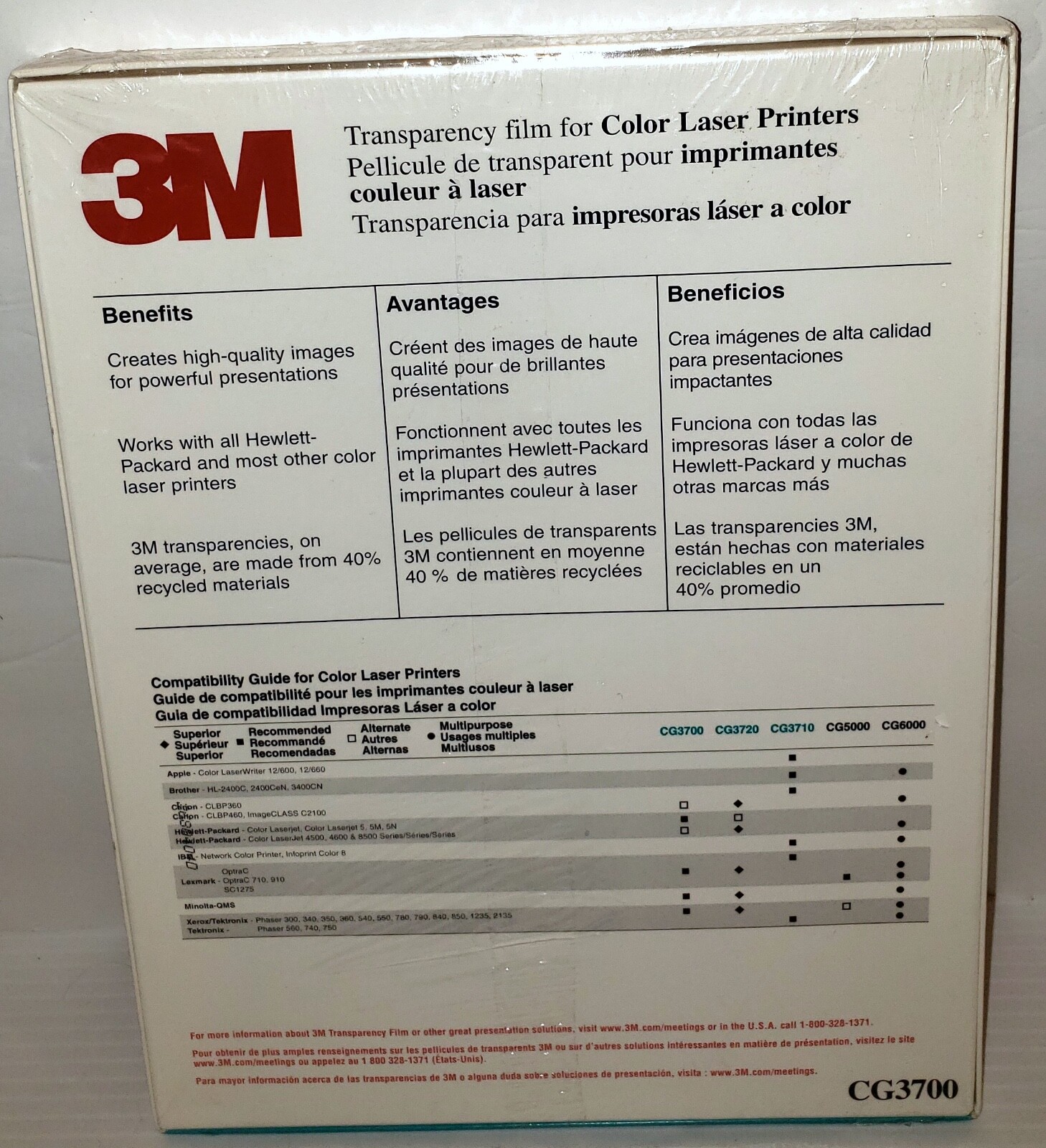 (NEW) 3M Transparency Film For Color Laser Printers CG3700 (50 Sheets)SEALED BOX